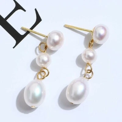 Adorable Design pair AAA+ Natural White Akoya Pearl Dangle Earrings 14k Gold P - Image 1 of 4