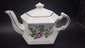 Vintage Wood & Sons Ellgreave Hexagonal Teapot Purple Flowers Gold Trim - Picture 1 of 12
