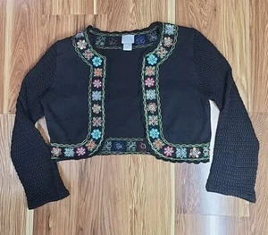 Vintage Berek Cropped Cardigan Sweater Medium Beaded Embroidered Floral Black - Picture 1 of 8