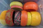10 VTG Acrylic Wood Beaded Bangle Bracelets Yellow Orange Patterns Stackable