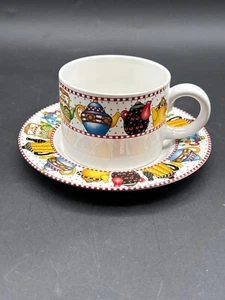 Mary Engelbreit Sakura Afternoon Tea Cup & Saucer Set Vintage Stoneware Colorful - Picture 1 of 7