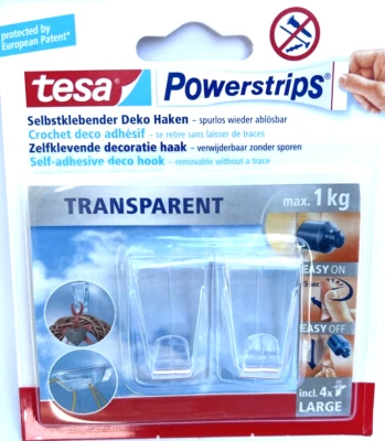 Original tesa Powerstrips Selbstklebender Deko Haken transparent 2 Stück max 1kg