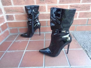 Sxxy BLACK SHINY PATENT CALF HIGH POINTY BOOTS * 4 uk * DOMINATRIX * FXTISH - Picture 1 of 6