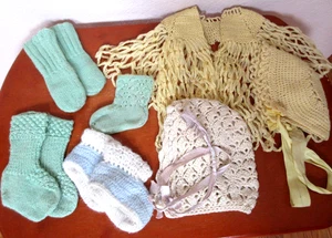 Vintage Baby/Large Doll Clothing Hat Booties Sweater Pastel 1950s - Picture 1 of 3