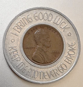 Vintage GOOD LUCK PENNY Encased 1950-D Wheat Cent; NW BLAUGAS CO 40 Jahre; St Paul Mn - Bild 1 von 2