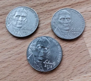 3 x Jefferson Liberty 2010 / 2013 / 2018 Five Cents Coins USA - Picture 1 of 4