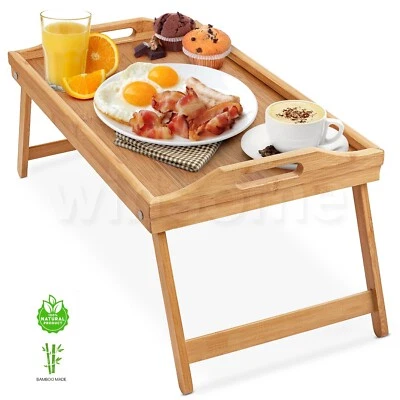 Bambus Holz Betttablett mit Griffen Klappbeine Servieren Frühstück Schoßtisch - Bild 1 von 4