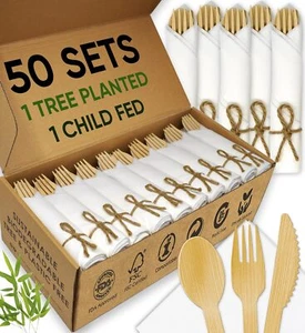 Premium Pre-Rolled Napkin and Bamboo Cutlery Set (50 Pack, 200 PCS) - Picture 1 of 26