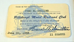 PITTSBURGH MODEL RAILROAD CLUB~MEMBERSHIP CARD ~ EXPIRES JUNE 30, 1963 - Picture 1 of 4