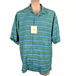 Tommy Bahama Camp Shirt L Fever Blue Grotto Stripe IslandZone NWT Silk - Picture 1 of 10
