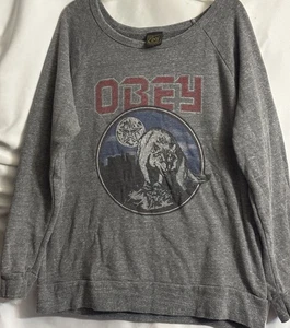 VINTAGE Obey Women’s Sweatshirt Size L Gray Wolf Y2K 90s Fitted Wrists Made USA - Picture 1 of 15