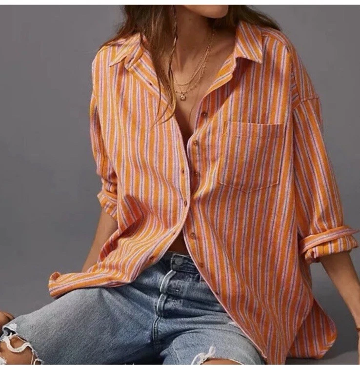 Camisa Anthropologie Pilcro média Oxford túnica listrada laranja botão manga longa - Imagem 1 de 4