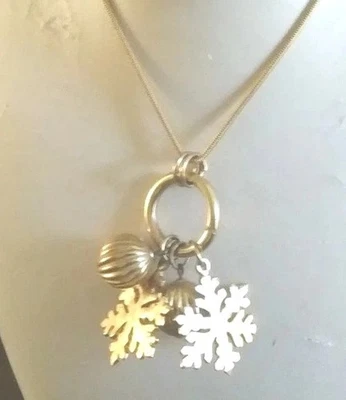 TALBOTS Festive Christmas Charms Balls Snowflakes Holiday Necklace Goldtone 30" - Image 1 of 4
