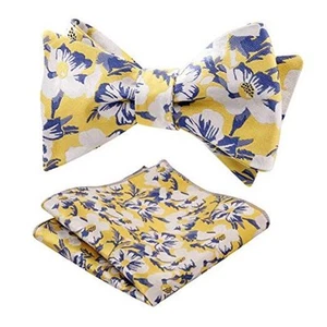 Mens Classic Floral Pattern Self-tied Bow Tie and Handkerchief Set 090-yellow - Picture 1 of 7