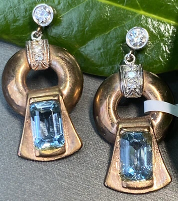 Pendientes colgantes vintage Art Deco oro rosa blanco de 18 quilates aguamarina aguamarina llamador de puerta Foto 1 de 4
