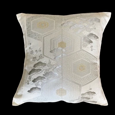 16" Glittering Japanese Kimono Obi Pillow Cover Handmade/White/scenery  F/S 267 - Image 1 of 4