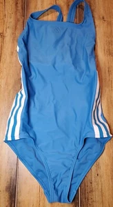 ADIDAS Girl's Logo 3 Stripe Swimsuit Blue Size S Small EUC - Picture 1 of 5