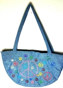 Cute Blue Half Circle Peace Sign Tote Bag Handbag Purse 20"W x 11"D