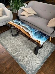 Ocean Look Epoxy Center Table, Coffee Table, Live edge Table with legs - Picture 1 of 8