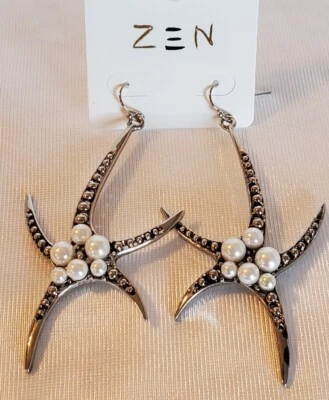Pendientes Zen Estrella de Mar Tono Plateado Imitación Perlas 3" Estilo Gota Estrella Grande Elegante Nuevo Foto 1 de 4
