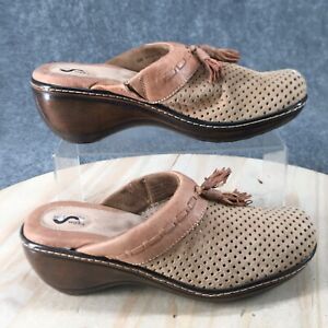 SoftWalk Shoes Womens 8.5M Mules Slip On Perforated Comfort Tassel Beige Leather
