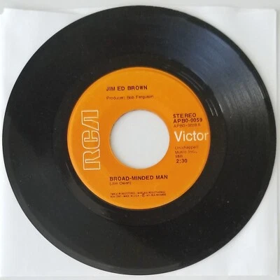 Jim Ed Brown "Broad Minded Man/Helpin Her Get Over Him" 45 RPM 7" Vinyl Record  - Image 1 of 2