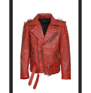 Hand Studded Red Spiked Leather Jacket for Men, Rivet Punk Studded Jacket - Picture 1 of 6
