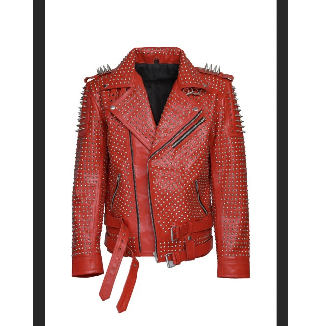 Hand Studded Red Spiked Leather Jacket for Men, Rivet Punk Studded Jacket - Image 1 of 4