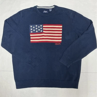 Chaps Polo Ralph Lauren Mens XXL Navy Blue American Flag Heavy Knit Sweater Rare - Image 1 of 4