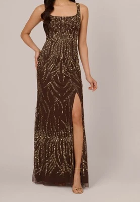 Adrianna Papell 女式棕色内衬方领装饰礼服 12 码 — 第 1/3 张图片