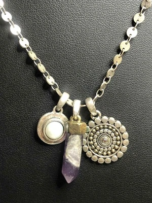 8209 Collar Colgante Medallón Perla Amatista Boho Tono Plata Marca Lucky 18" Foto 1 de 3