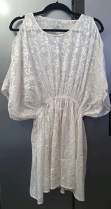 Womens Off White Batwing Floral Mini Dress Holiday One Size Sheer Cold Shoulders - Picture 1 of 11