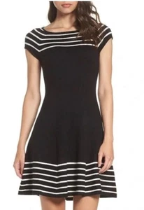 Eliza J Dress Womens XL Black White Striped Knit Dress Short Sleeve Career - Picture 1 of 4