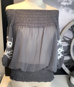 Twelve By Twelve Gray Chiffon Sheer Floral Embroidered Boho Smocked Blouse XS - Picture 1 of 9