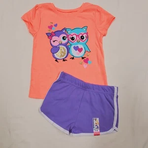 5T Garanimals 2 pc Set Neon Peach OWLS Hearts T-Shirt & Purple Shorts White Trim - Picture 1 of 7