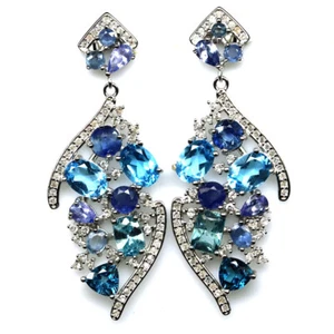 925 Plata Topacio Azul Suizo, Tanzanita, Zafiro & Circonita Pendientes Navidad - Imagen 1 de 4