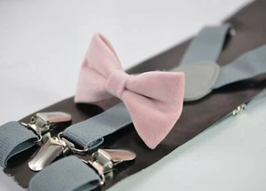 Blush Dusty Pink Velvet Bow tie + Light Grey Elastic Suspenders Men Youth or Boy - Picture 1 of 9