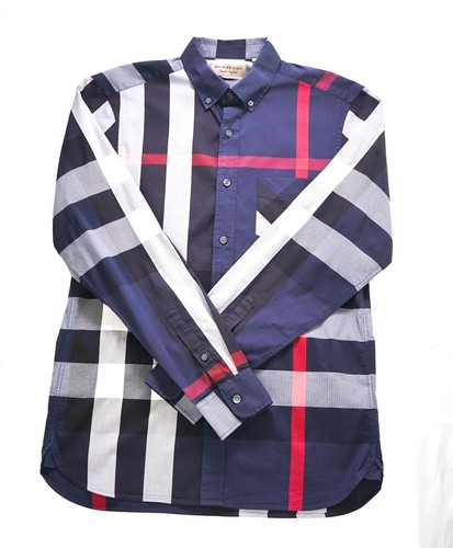 $650 BURBERRY Camicia a quadri "Simpson" Nova Check blu bianco rosso cotone elasticizzato 