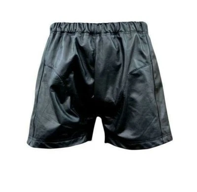 Men's Genuine Leather Boxers Style Shorts Stretchable Waist Retro Black 32" - Image 1 of 2
