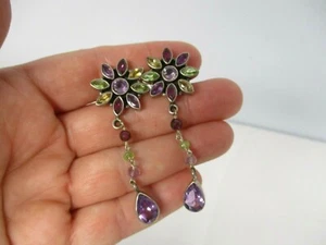 SIGNED NB NICKY BUTLER STERLING MULTI GEMSTONE FLOWER w DANGLE PIERCED EARRINGS - Picture 1 of 5
