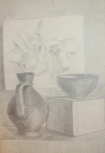 Vintage still life pencil drawing pitcher, bowl and painting - Picture 1 of 10