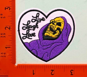 Skeletor Live Laugh Love Patch Embroidered Iron-On Heart Meme Badge - Picture 1 of 1