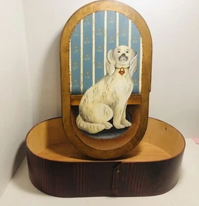 A painting of a Staffordshire dog (figure) on a Vintage hat box ￼Rare Beautiful - Picture 1 of 11