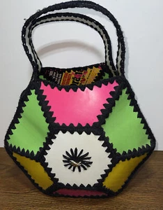 Fun Vintage Plastic and Yarn Tote Bag Crochet Octagon Shape Groovy 1970’s 1980’s - Picture 1 of 11
