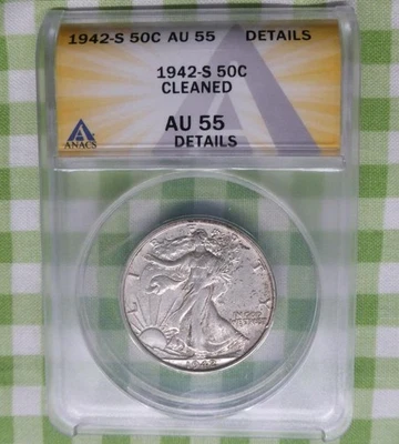 1942 年 S 版 ANACS AU 55 细节自由步行银半美元,美国 50 美分银币 — 第 1/4 张图片