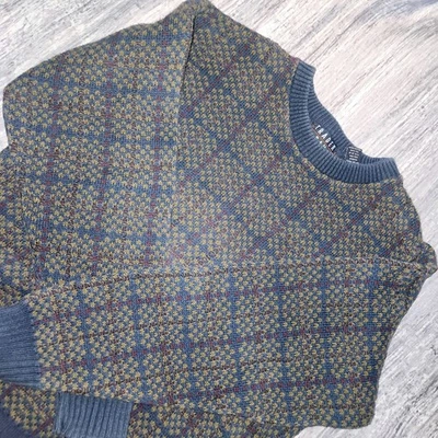 Trader Bay VTG Sweater Medium Crew Neck Knit Plaid Pattern Blue Brown Grandpa - Image 1 of 4