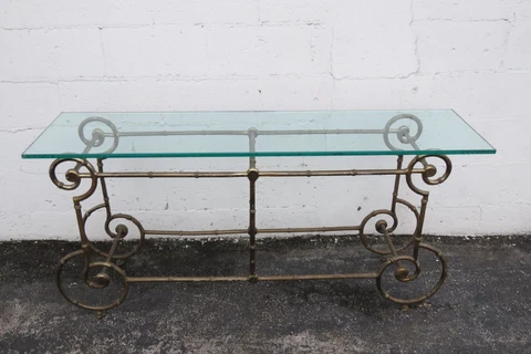 Hollywood Regency Glass Top Distressed Swirl Metal Console Table 3936 Cover