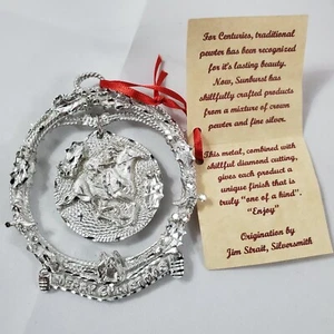 Sunburst Silver Pewter Christmas Ornament - Running Pony and Riding Symbols - Picture 1 of 7