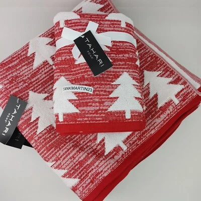 Set of 6 Tahari Home 4 Bath Towels & 2 Hand Towels Christmas Trees Red and White - Image 1 of 4