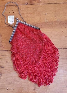 1920's Antique Victorian Beaded Tassels Lipstick Red Purse Evening Bag Vintage  - Picture 1 of 20
